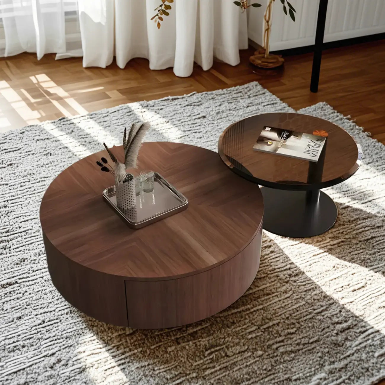 Table basse gigogne moderne ronde en bois et verre avec rangement
