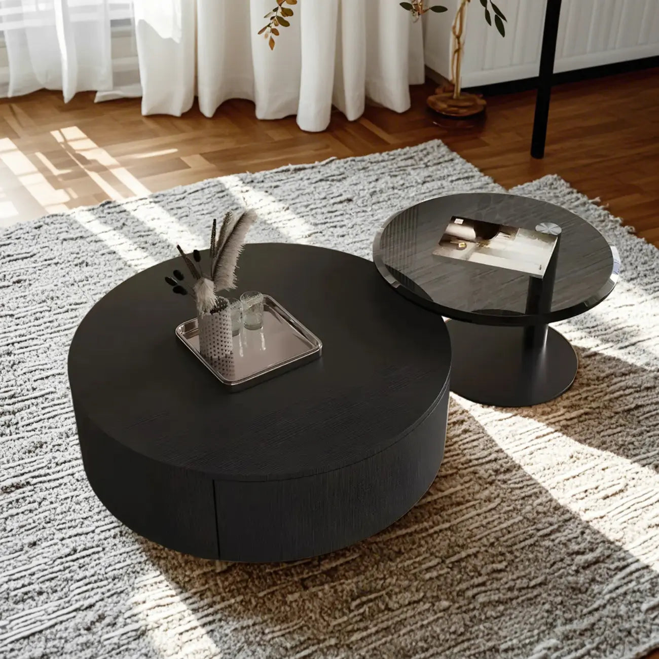 Table basse gigogne moderne ronde en bois et verre avec rangement