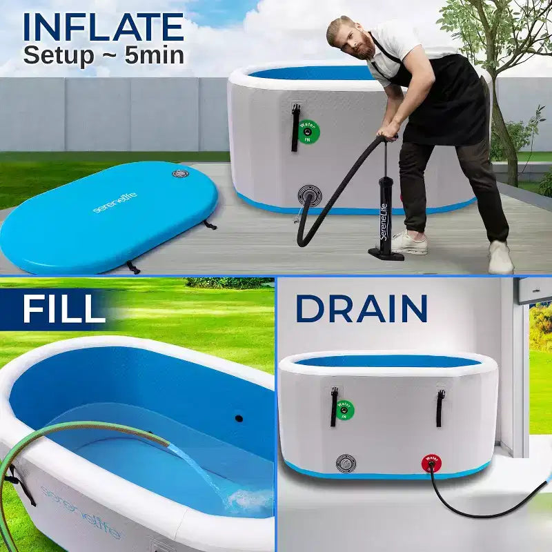 Baignoire de Plongée Froide Gonflable SereneLife - 567 Litres, Bassin Thérapeutique Isolé avec Couvercle, Pompe Manuelle, Sac de Rangement et Tapis de Sol en EVA (SLCPTBOV50)