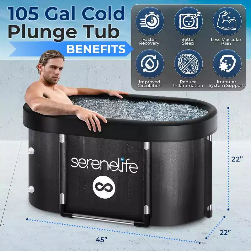 SereneLife Baignoire gonflable autoportante isolée de 397 L – Bain de glace avec couvercle, bassin de récupération par thérapie par le froid pour athlètes (noir)