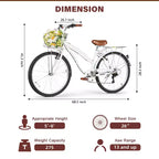 hykolity Vélo de Ville 26 pouces, Vélo de Plage, Vélo de Cyclisme 7 Vitesses pour Adulte, Panier Avant, Porte-Bagages Arrière, Multicolore