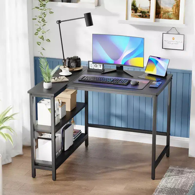 Bureau d'angle FDW 39/43 pouces pour jeux et études avec cadre métallique et étagères de rangement