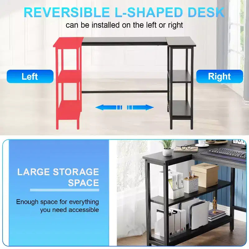 Bureau d'angle FDW 39/43 pouces pour jeux et études avec cadre métallique et étagères de rangement