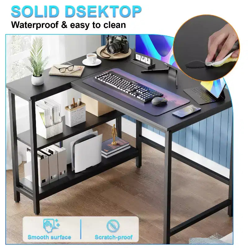 Bureau d'angle FDW 39/43 pouces pour jeux et études avec cadre métallique et étagères de rangement