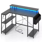 Costway 48 L-Shaped Gaming Desk with LED Lights & Power Outlets Storage Shelves Brown/Black