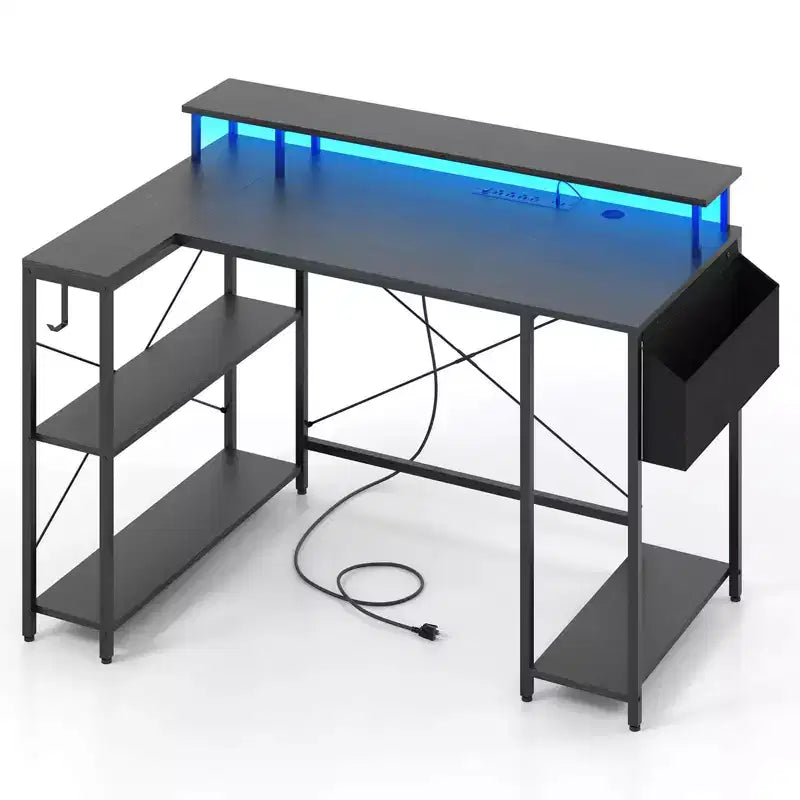 Costway 48 L-Shaped Gaming Desk with LED Lights & Power Outlets Storage Shelves Brown/Black