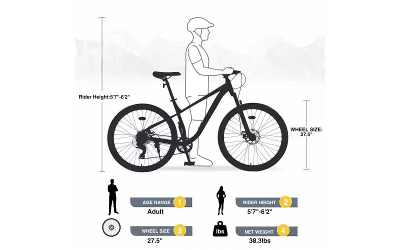 Bicicletta da montagna 27,5 pollici 8 velocità, per uomo, donna, ragazzo e ragazza, sospensione anteriore, telaio in acciaio