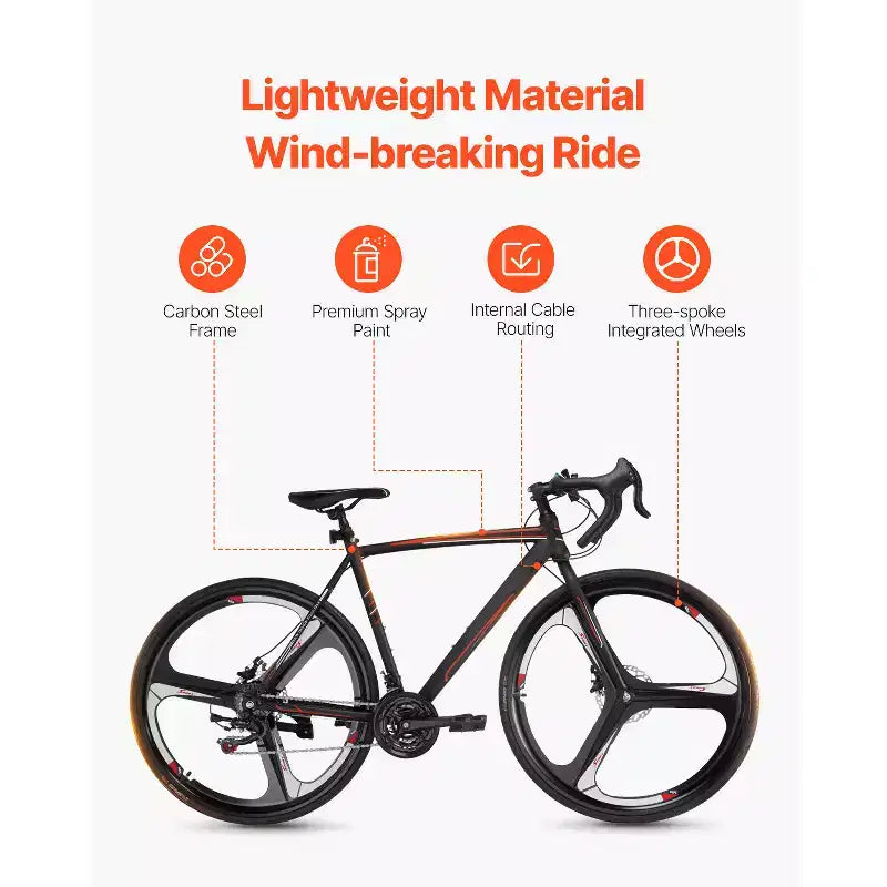 Bici da Corsa VEVOR, Bici da Corsa con Ruote 700C, Sistema di Trasmissione SHIMANO 21 Velocità, Bici da Strada per Pendolari in Città con Telaio in Acciaio al Carbonio, Nera