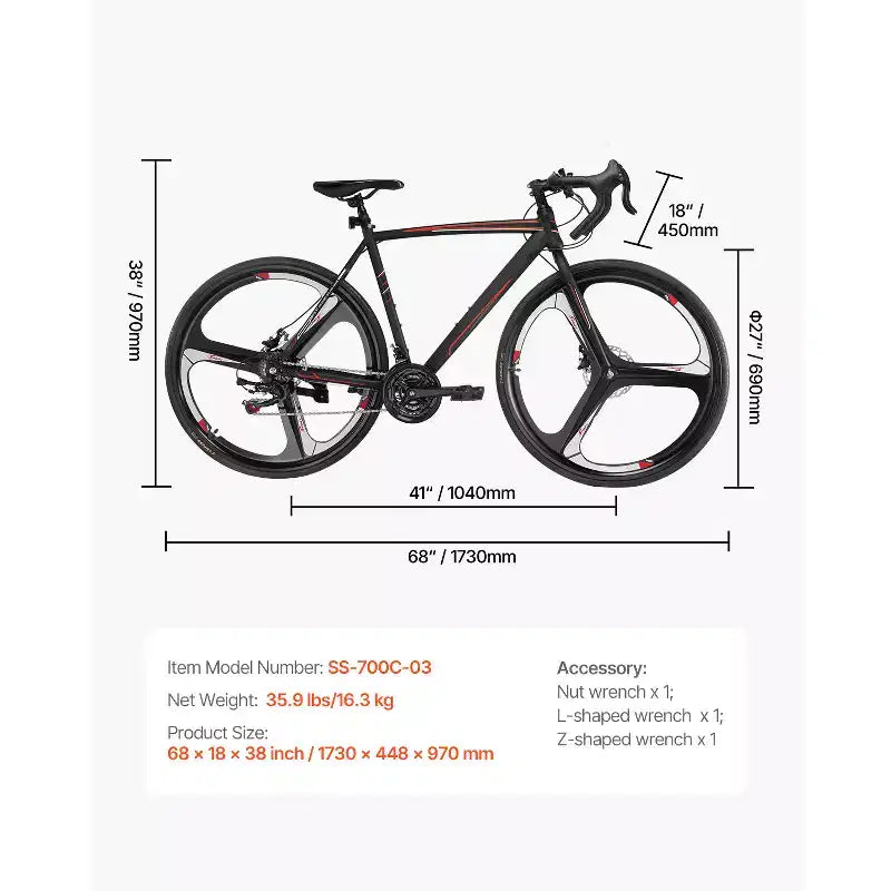 Bici da Corsa VEVOR, Bici da Corsa con Ruote 700C, Sistema di Trasmissione SHIMANO 21 Velocità, Bici da Strada per Pendolari in Città con Telaio in Acciaio al Carbonio, Nera