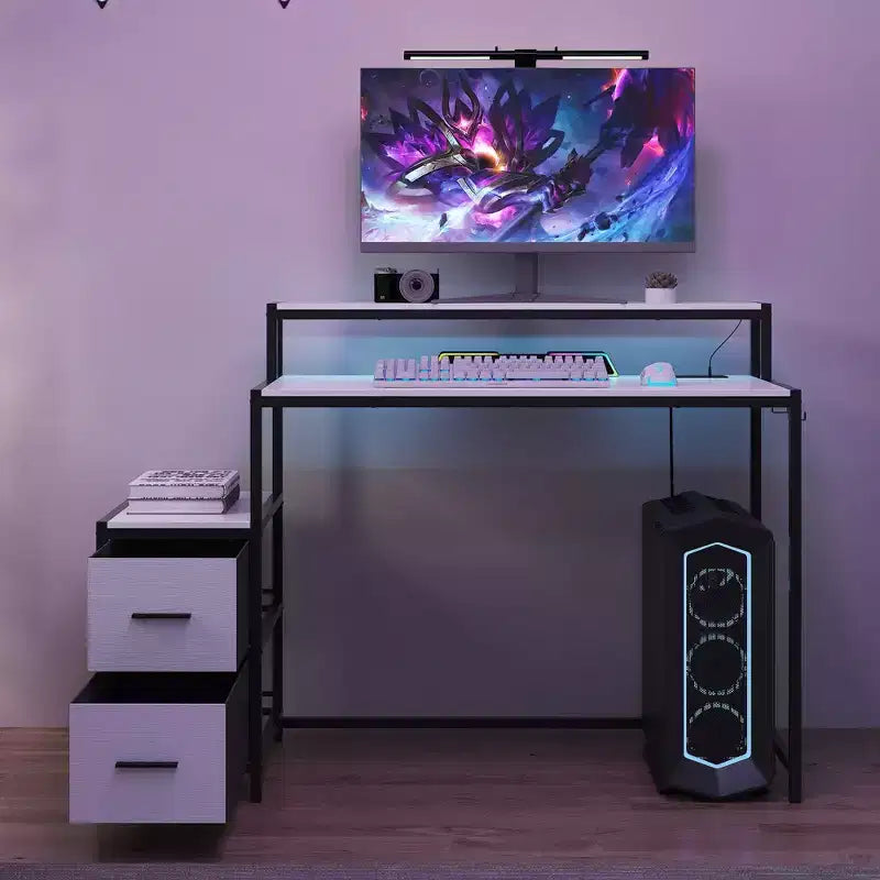 Famapy LED Gaming Desk Computer Desk with Metal Frame, Built - in Power Outlet, Drawers, and Elevated Dual - Layer Desktop