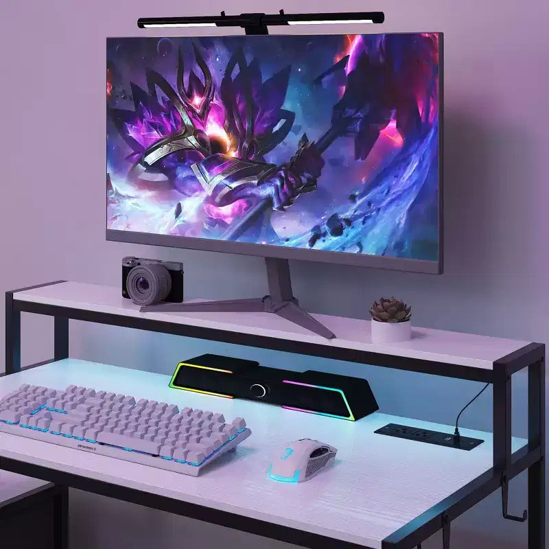 Scrivania da Gaming a LED Famapy, Scrivania da Computer con Telaio in Metallo, Presa di Corrente Integrata, Cassetti e Doppio Ripiano Rialzato