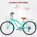 Hykolity Vélo de ville 26 pouces, 7 vitesses, pour femme, avec porte-bagages arrière, garde-boue avant et arrière en acier à haute teneur en carbone et panier