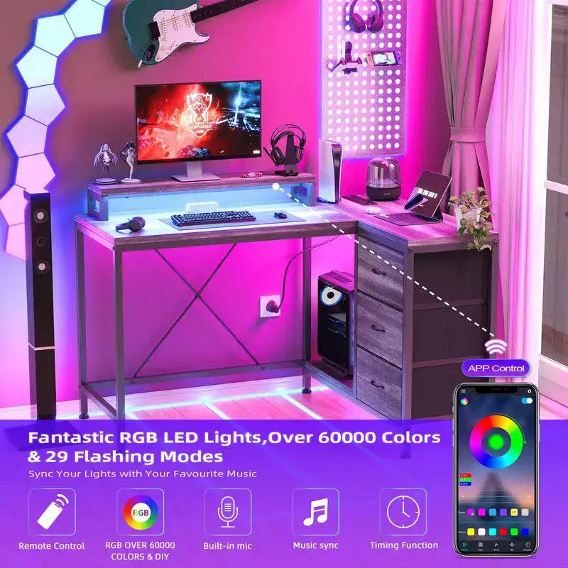 Bureau de jeu en U, bureau d'ordinateur réversible en L de 79 pouces avec prise de courant et bande LED