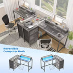 Bureau de jeu en U, bureau d'ordinateur réversible en L de 79 pouces avec prise de courant et bande LED