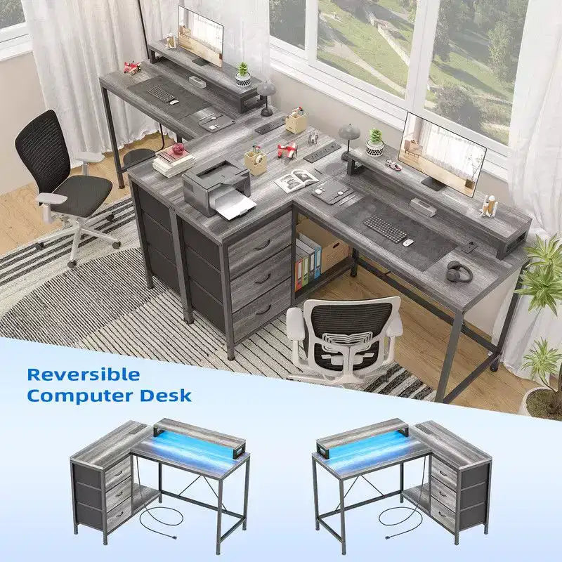 Bureau de jeu en U, bureau d'ordinateur réversible en L de 79 pouces avec prise de courant et bande LED