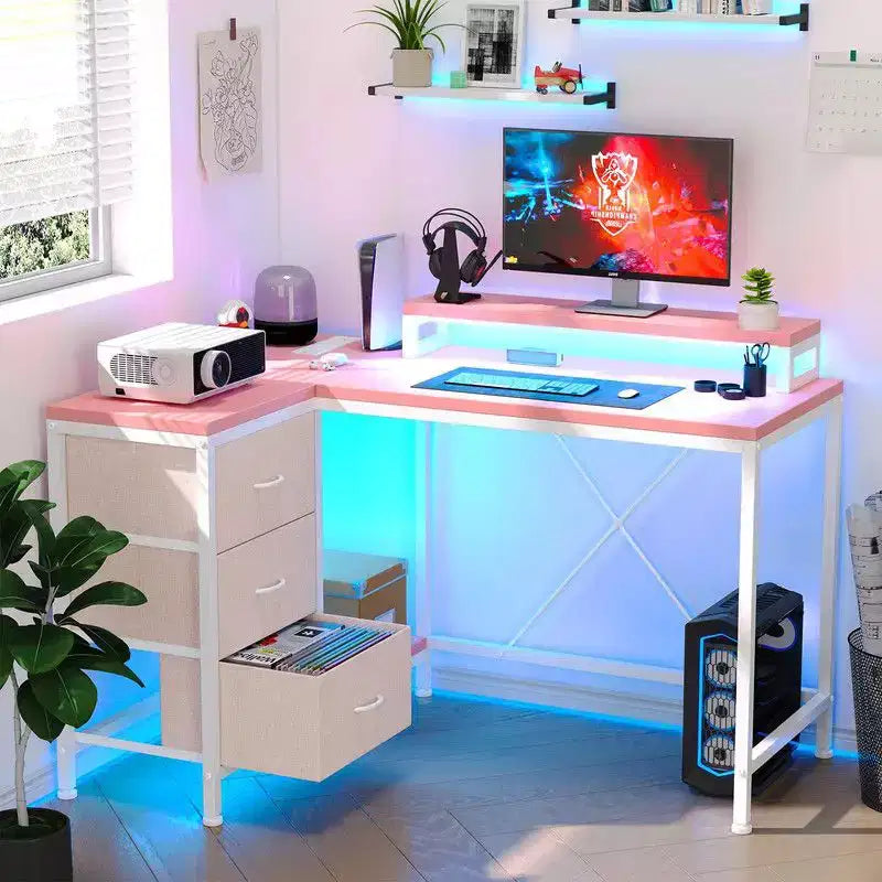 Bureau de jeu en U, bureau d'ordinateur réversible en L de 79 pouces avec prise de courant et bande LED
