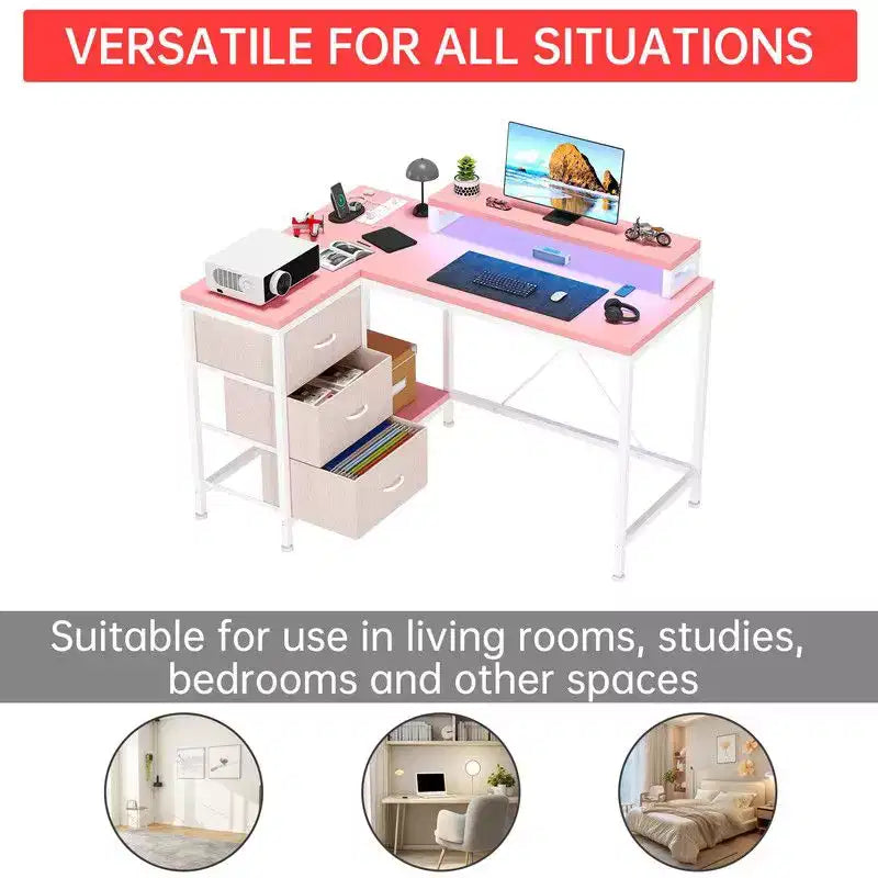 Bureau de jeu en U, bureau d'ordinateur réversible en L de 79 pouces avec prise de courant et bande LED