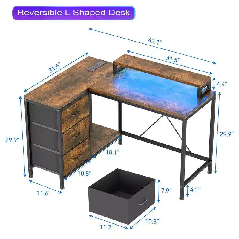 Bureau de jeu en U, bureau d'ordinateur réversible en L de 79 pouces avec prise de courant et bande LED
