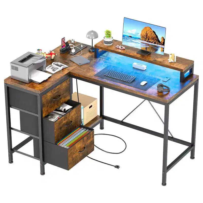 Bureau de jeu en U, bureau d'ordinateur réversible en L de 79 pouces avec prise de courant et bande LED