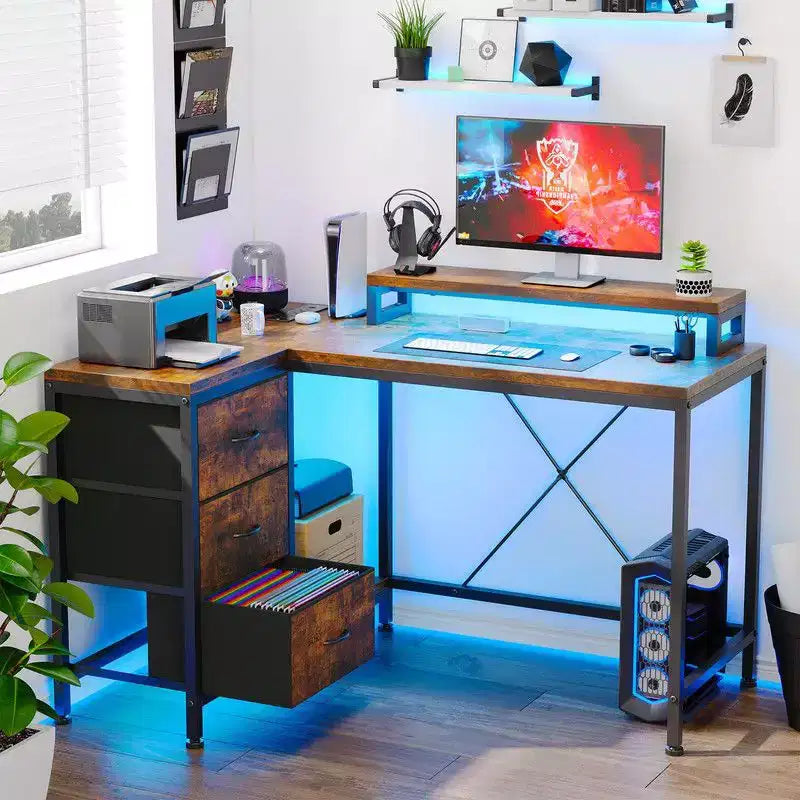 Bureau de jeu en U, bureau d'ordinateur réversible en L de 79 pouces avec prise de courant et bande LED