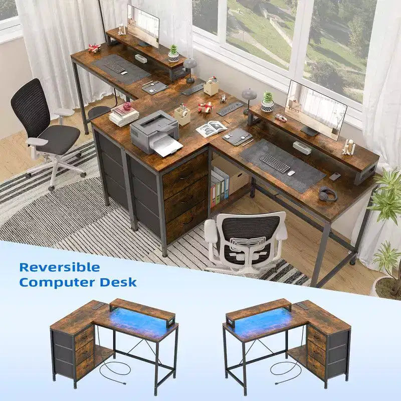 Bureau de jeu en U, bureau d'ordinateur réversible en L de 79 pouces avec prise de courant et bande LED