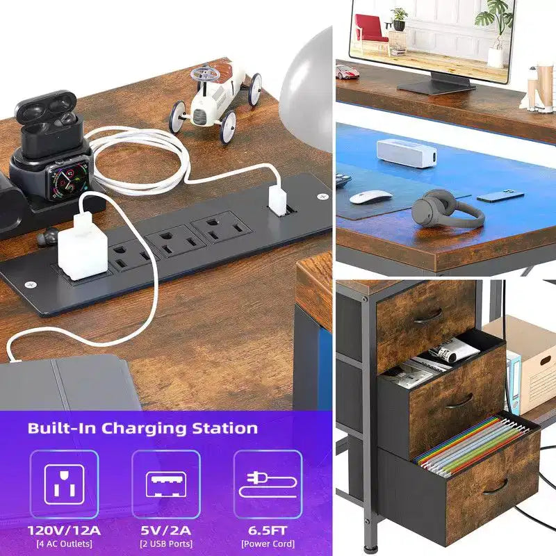 Bureau de jeu en U, bureau d'ordinateur réversible en L de 79 pouces avec prise de courant et bande LED