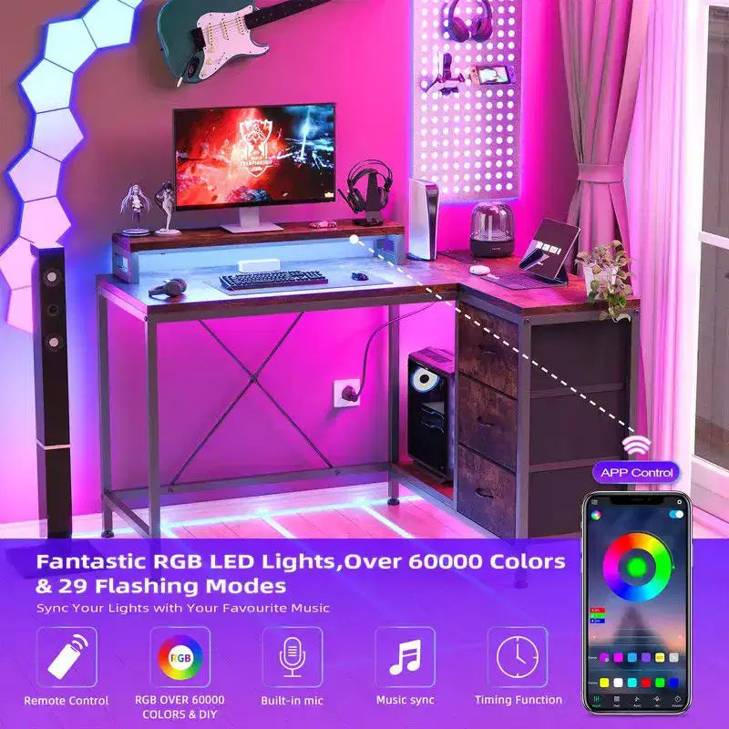 Bureau de jeu en U, bureau d'ordinateur réversible en L de 79 pouces avec prise de courant et bande LED