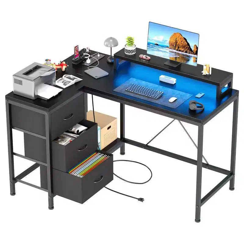 Bureau de jeu en U, bureau d'ordinateur réversible en L de 79 pouces avec prise de courant et bande LED