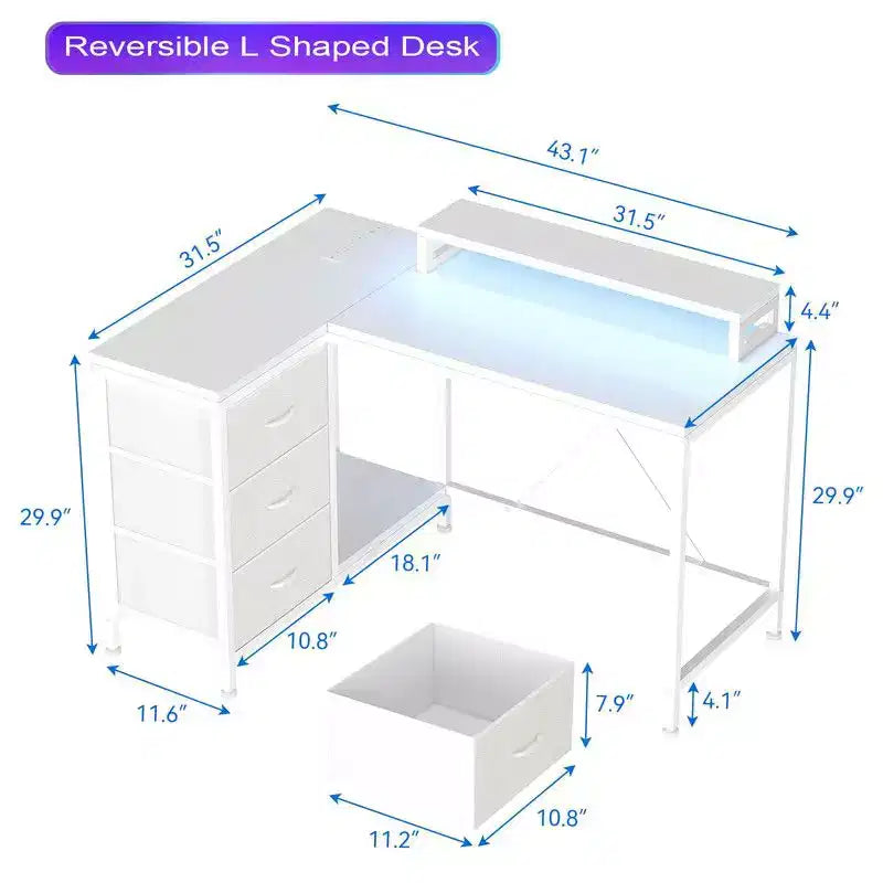 Bureau de jeu en U, bureau d'ordinateur réversible en L de 79 pouces avec prise de courant et bande LED