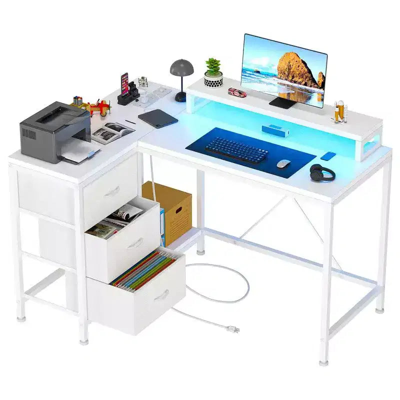 Bureau de jeu en U, bureau d'ordinateur réversible en L de 79 pouces avec prise de courant et bande LED