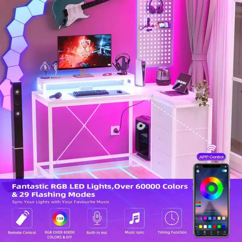 Bureau de jeu en U, bureau d'ordinateur réversible en L de 79 pouces avec prise de courant et bande LED