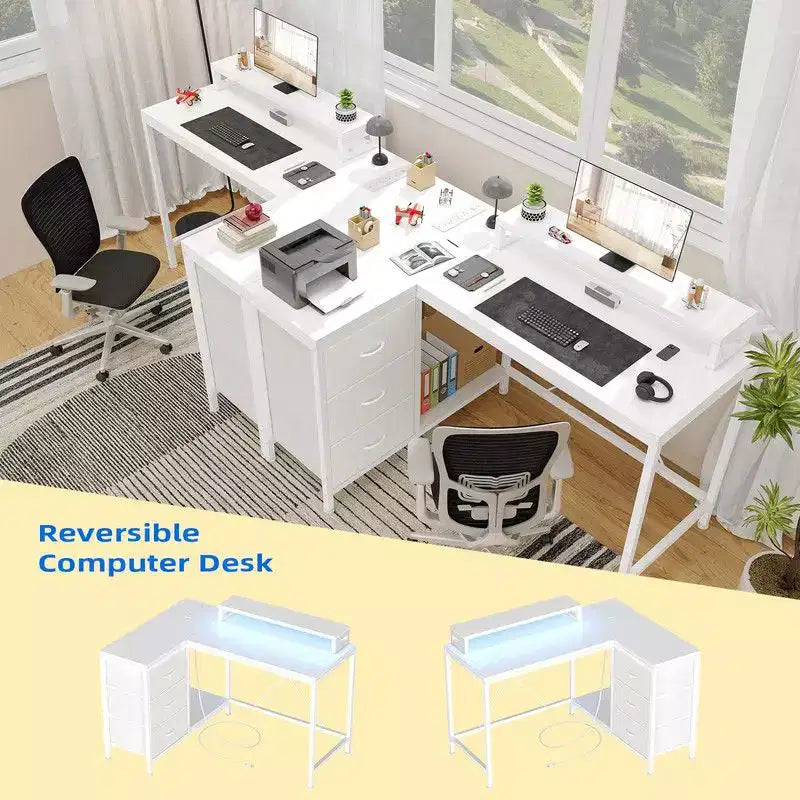 Bureau de jeu en U, bureau d'ordinateur réversible en L de 79 pouces avec prise de courant et bande LED