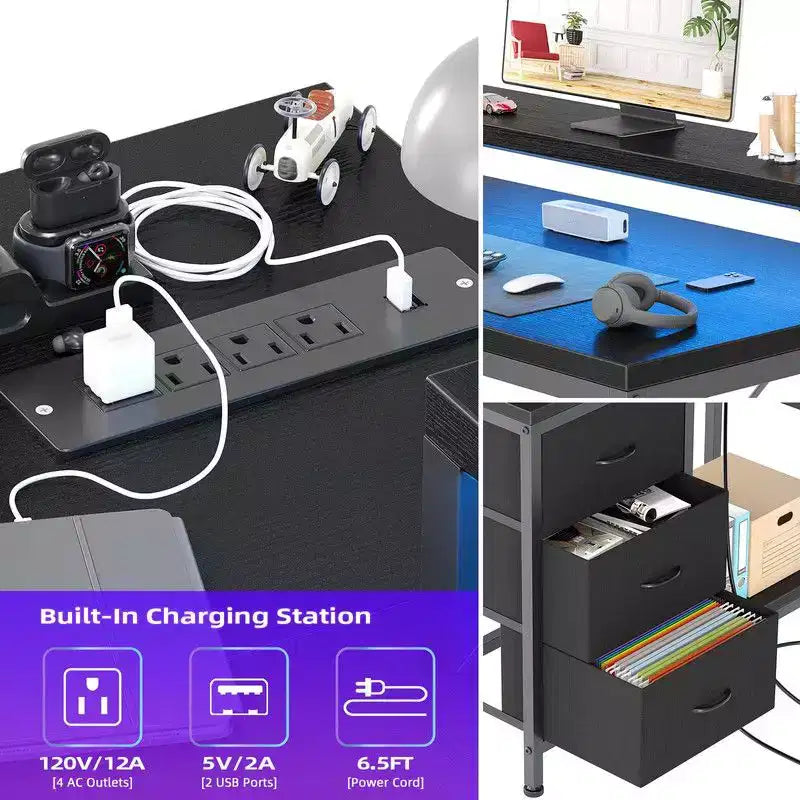 Bureau de jeu en U, bureau d'ordinateur réversible en L de 79 pouces avec prise de courant et bande LED
