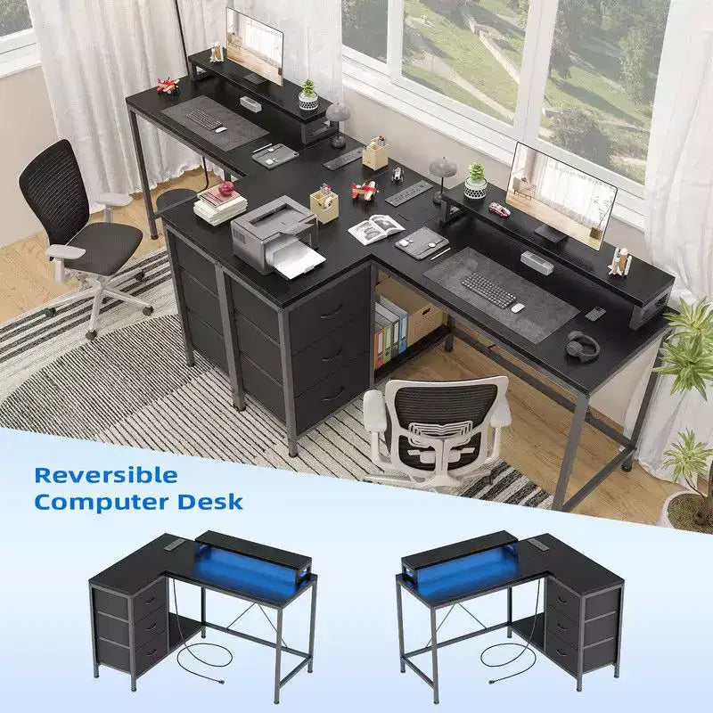 Bureau de jeu en U, bureau d'ordinateur réversible en L de 79 pouces avec prise de courant et bande LED
