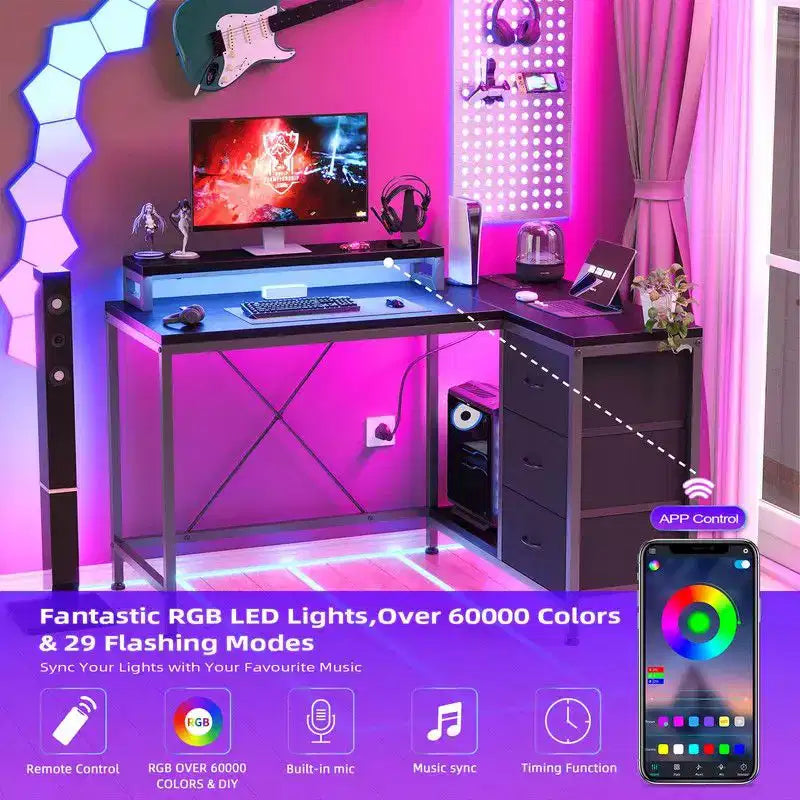 Bureau de jeu en U, bureau d'ordinateur réversible en L de 79 pouces avec prise de courant et bande LED