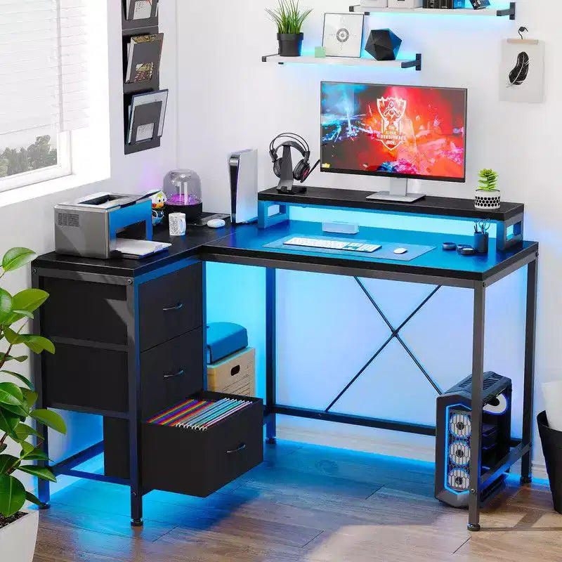 Bureau de jeu en U, bureau d'ordinateur réversible en L de 79 pouces avec prise de courant et bande LED