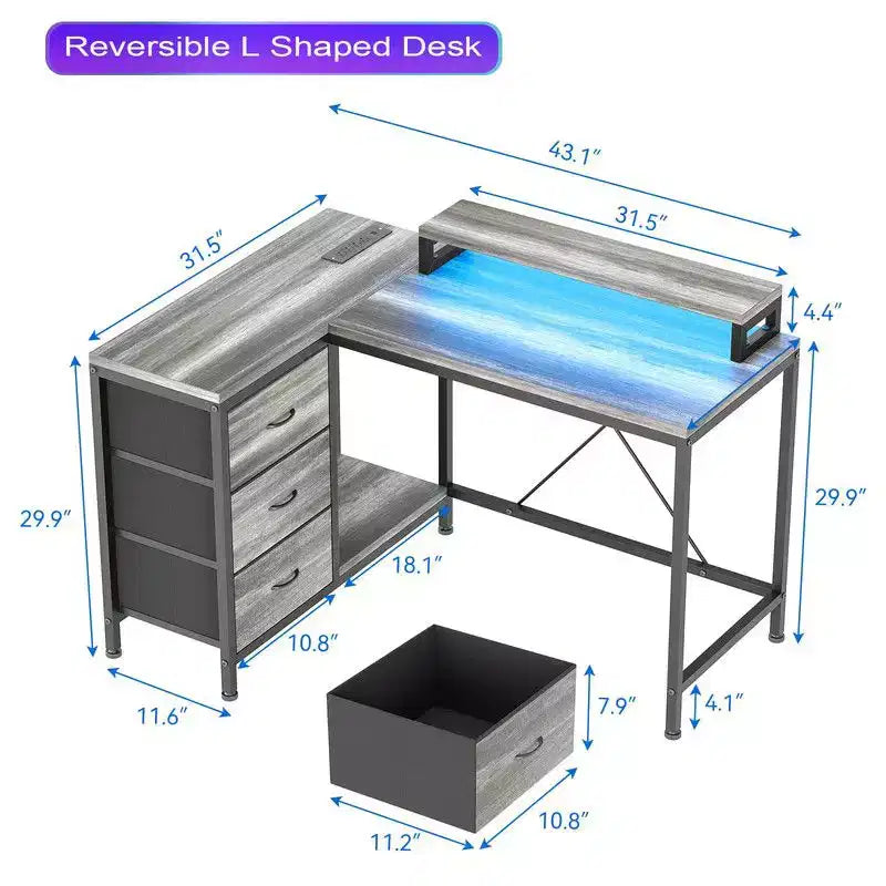 Bureau de jeu en U, bureau d'ordinateur réversible en L de 79 pouces avec prise de courant et bande LED