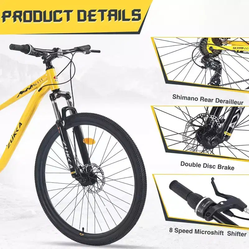 NAYSAYE Bicicletta Mountain Bike da 27,5 Pollici a 8 Velocità con Sospensione Anteriore e Telaio in Acciaio per Avventure su Tutti i Terreni, Gialla, 68.5*27.1*40.55