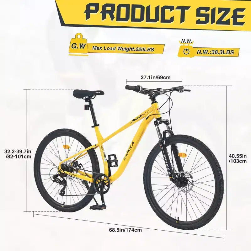 NAYSAYE Bicicletta Mountain Bike da 27,5 Pollici a 8 Velocità con Sospensione Anteriore e Telaio in Acciaio per Avventure su Tutti i Terreni, Gialla, 68.5*27.1*40.55