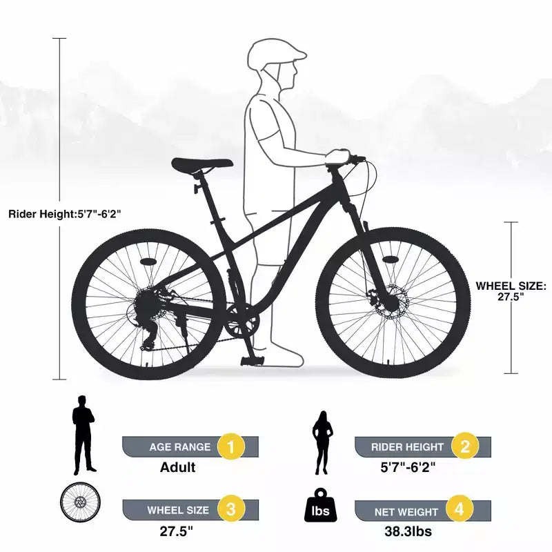 NAYSAYE Bicicletta Mountain Bike MTB 27,5 pollici 8 velocità con sospensione anteriore, telaio in acciaio resistente per uomo donna Avventure su ogni terreno, grigia, 68,5*27,1*40,55