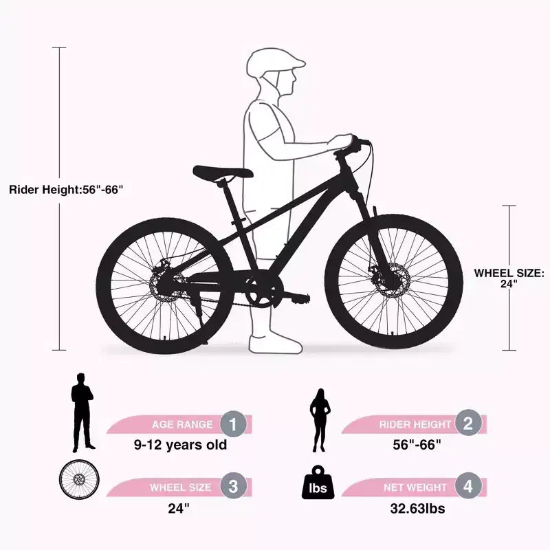 Bicicletta NAYSAYE Mountain Bike, telaio resistente in acciaio con sospensioni per bambini, per uso esterno, rosa, 63,78*24,8*37,2