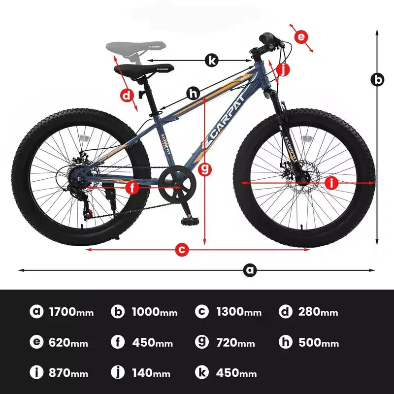 Bici da montagna NAYSAYE da 24 pollici con pneumatici larghi, cambio a 7 velocità e doppio freno a disco per adulti e ragazzi, grigia, 67*25*40