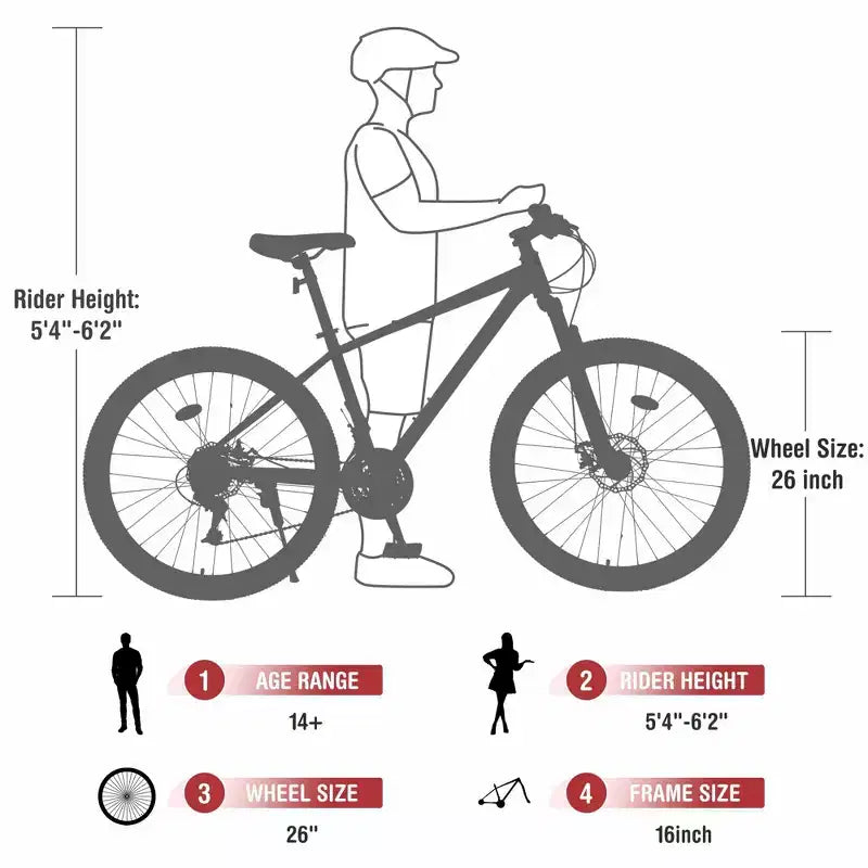 NAYSAYE Bicicletta Mountain Bike 24 velocità Telaio in acciaio con forcella ammortizzata per adulti, rossa, 65.75*24.41*37