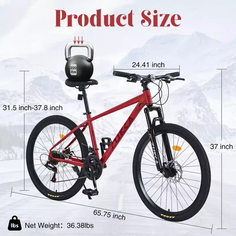 NAYSAYE Bicicletta Mountain Bike 24 velocità Telaio in acciaio con forcella ammortizzata per adulti, rossa, 65.75*24.41*37