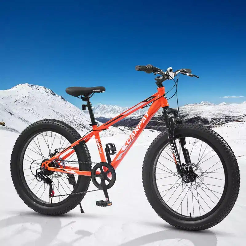 NAYSAYE Bicicletta Mountain Bike con Pneumatici Fat da 24 Pollici con Cambio a 7 Velocità, Doppio Freno a Disco per Adulti e Ragazzi, Arancione, 67*25*40