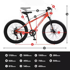NAYSAYE Bicicletta Mountain Bike con Pneumatici Fat da 24 Pollici con Cambio a 7 Velocità, Doppio Freno a Disco per Adulti e Ragazzi, Arancione, 67*25*40