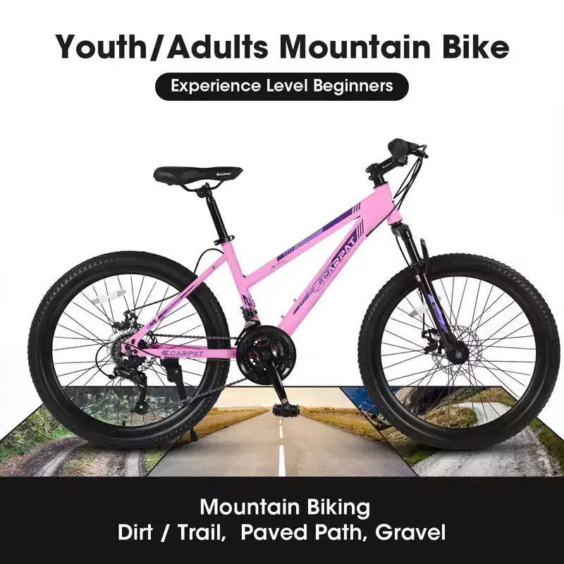 Vélo de montagne NAYSAYE 24 pouces avec dérailleur 21 vitesses, double freins à disque pour adolescents et femmes, rose, 66*24.8*35