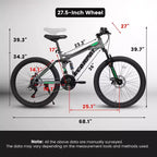 NAYSAYE Vélo VTT tout suspendu 27,5 pouces 21 vitesses avec double amortisseur pour hommes et femmes, Gris, 68.1*27*39.7