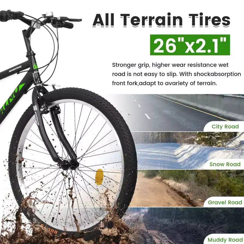 VTT NAYSAYE 26 pouces avec cadre en acier au carbone, 21 vitesses, double frein en V pour adultes et adolescents, pour le trail, noir et vert, 69.57*27*39