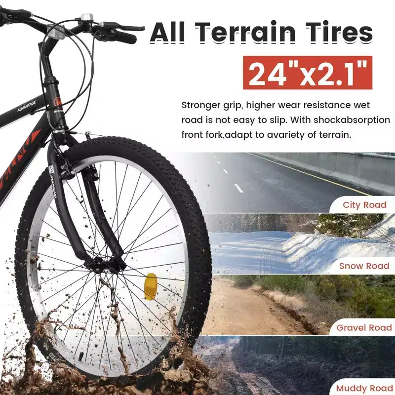 NAYSAYE Bicicletta 24 pollici, Mountain Bike, Telaio 21 velocità, Doppi freni a V per adulti e ragazzi per la guida in montagna, Nero e Rosso, 64,57*24,8*34,65